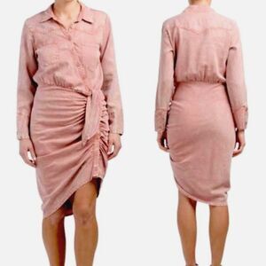 YOUNG FABULOUS & BROKE Shirt Dress M Pink Tie Ruched Asymmetrical Western Grunge
